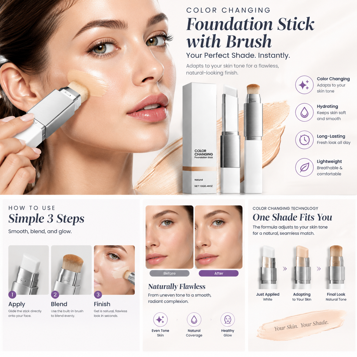 2-in-1 Color Changing Foundation Stick with Brush